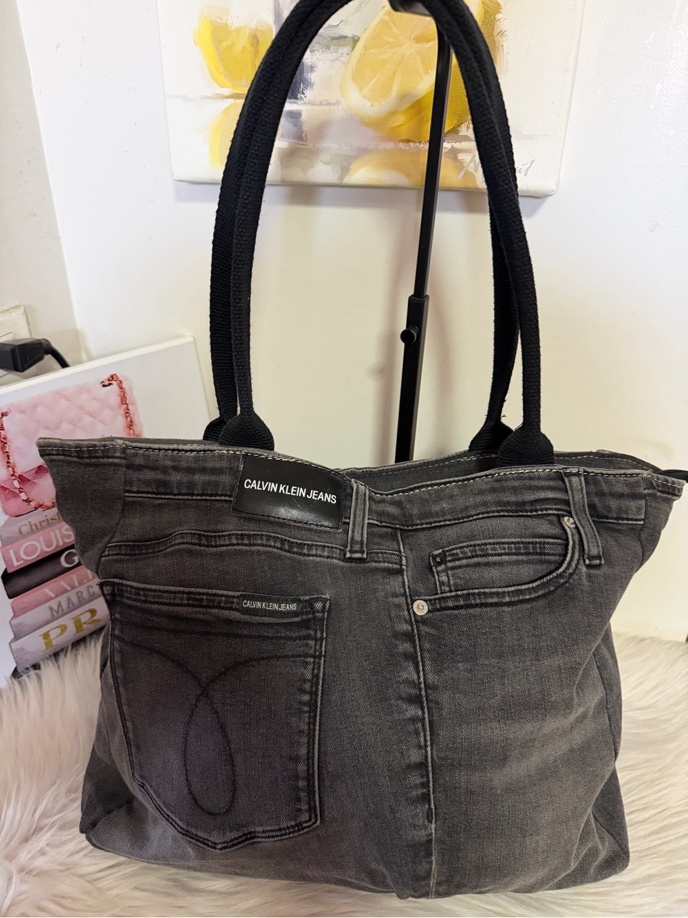 Calvin Klein Black Denim Tote Bag with Black Straps Bag.